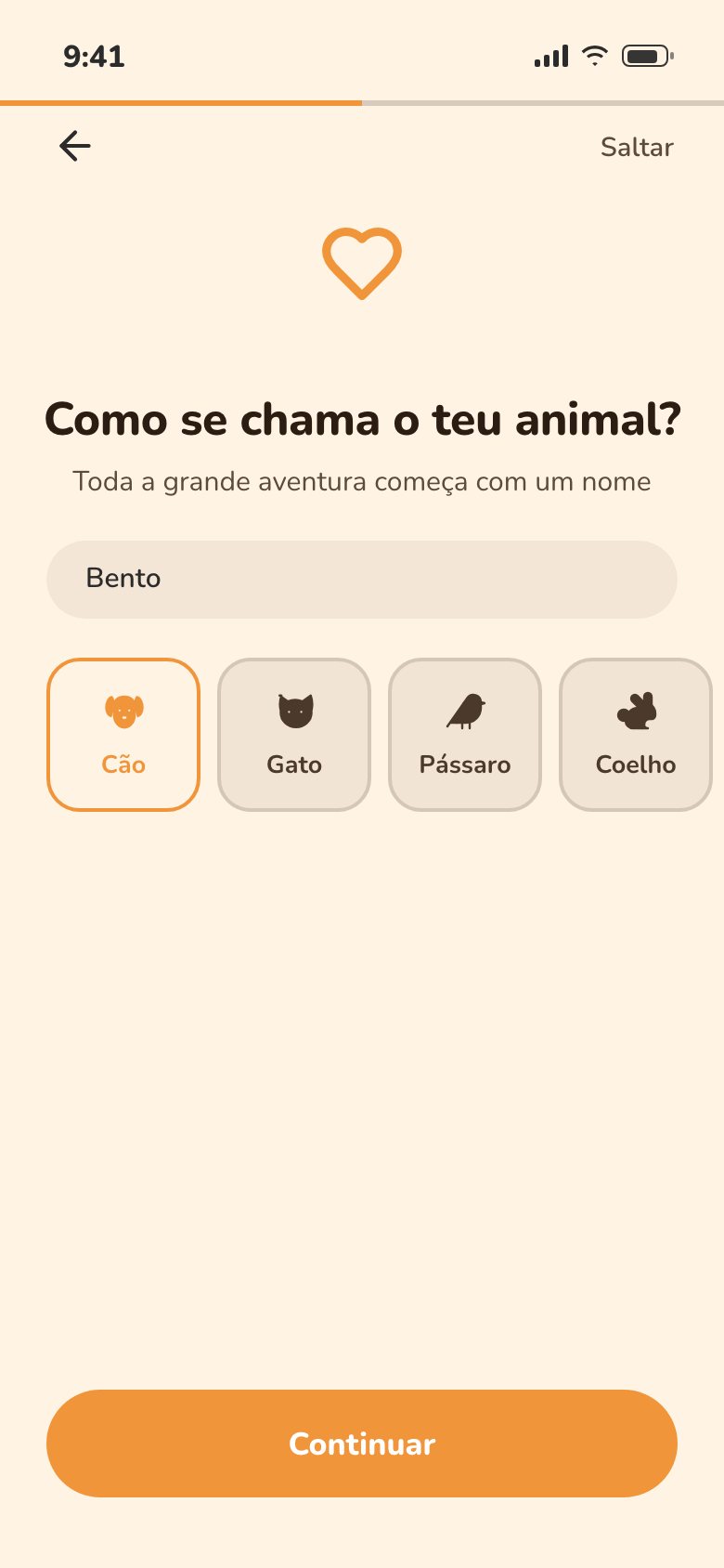 Passo para escolher o nome e a espécie do animal