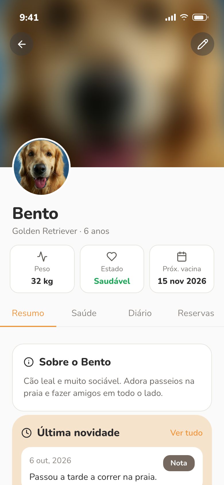 Perfil do Bento na app PetHive: peso, estado e próxima vacina