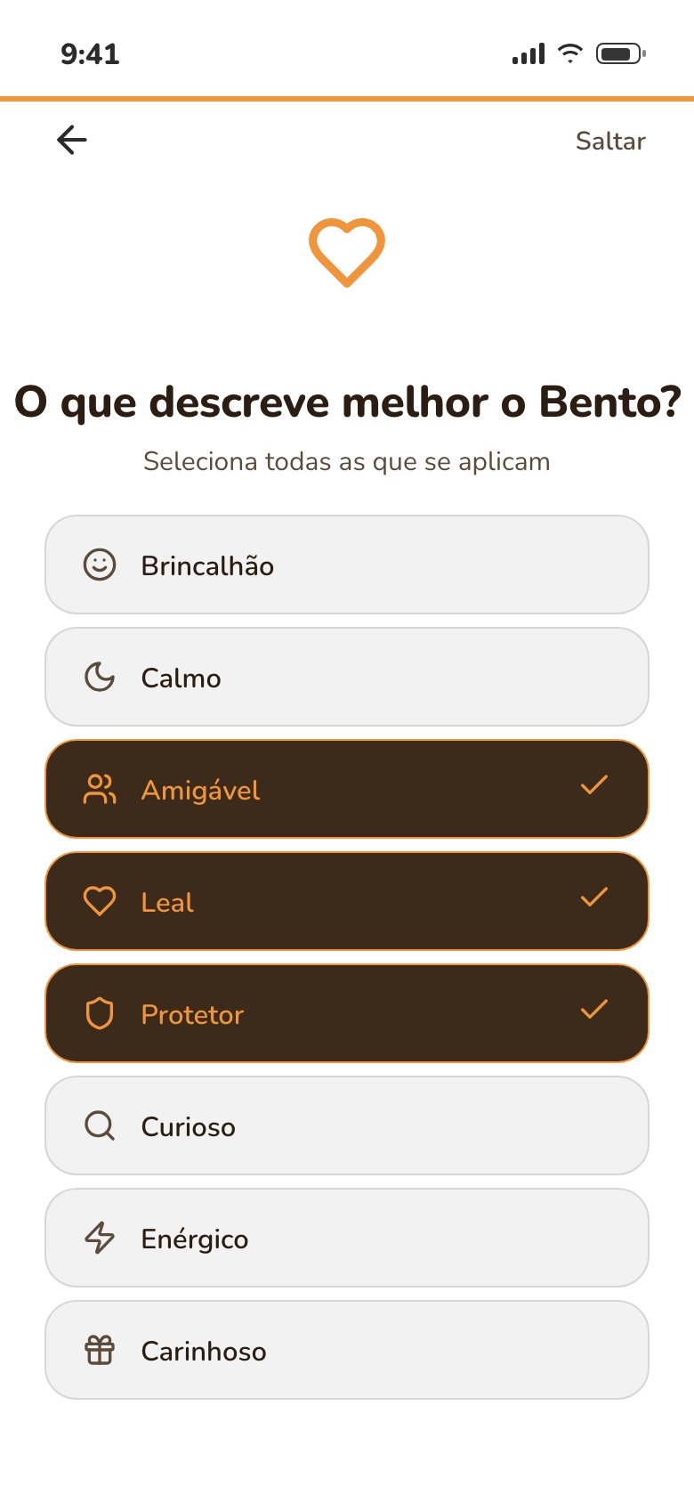 Escolher o feitio do animal: amigável, leal, protetor