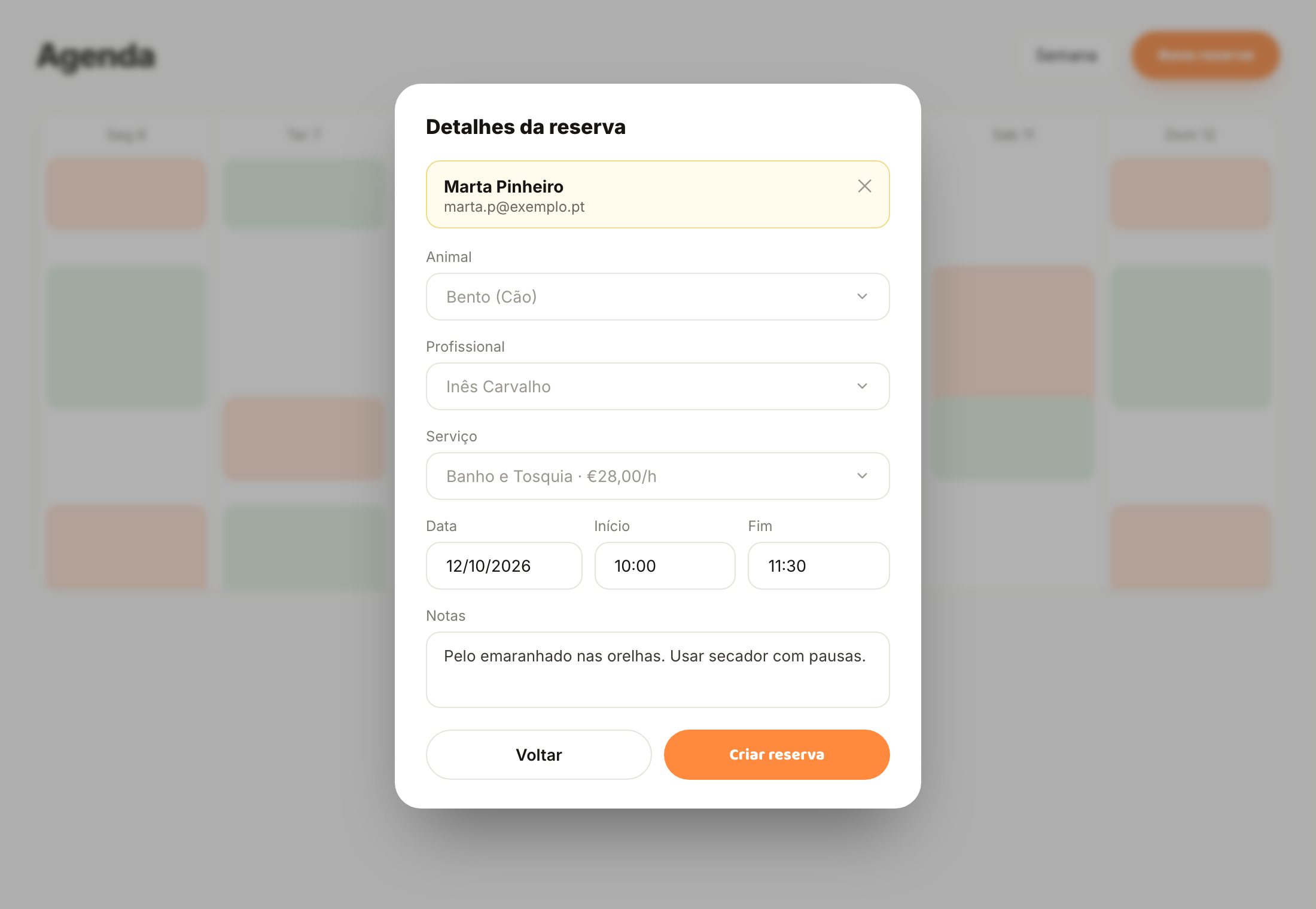 Criar uma reserva: cliente, animal, profissional, serviço, data e hora