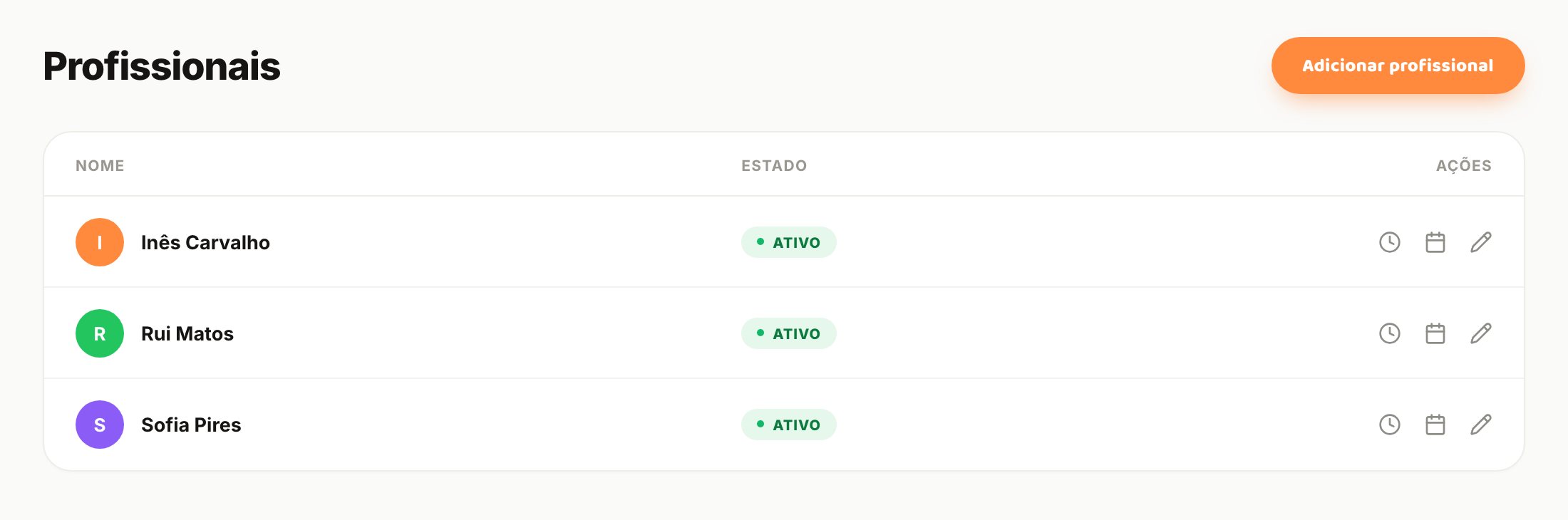 Equipa com estado ativo, horários e calendário